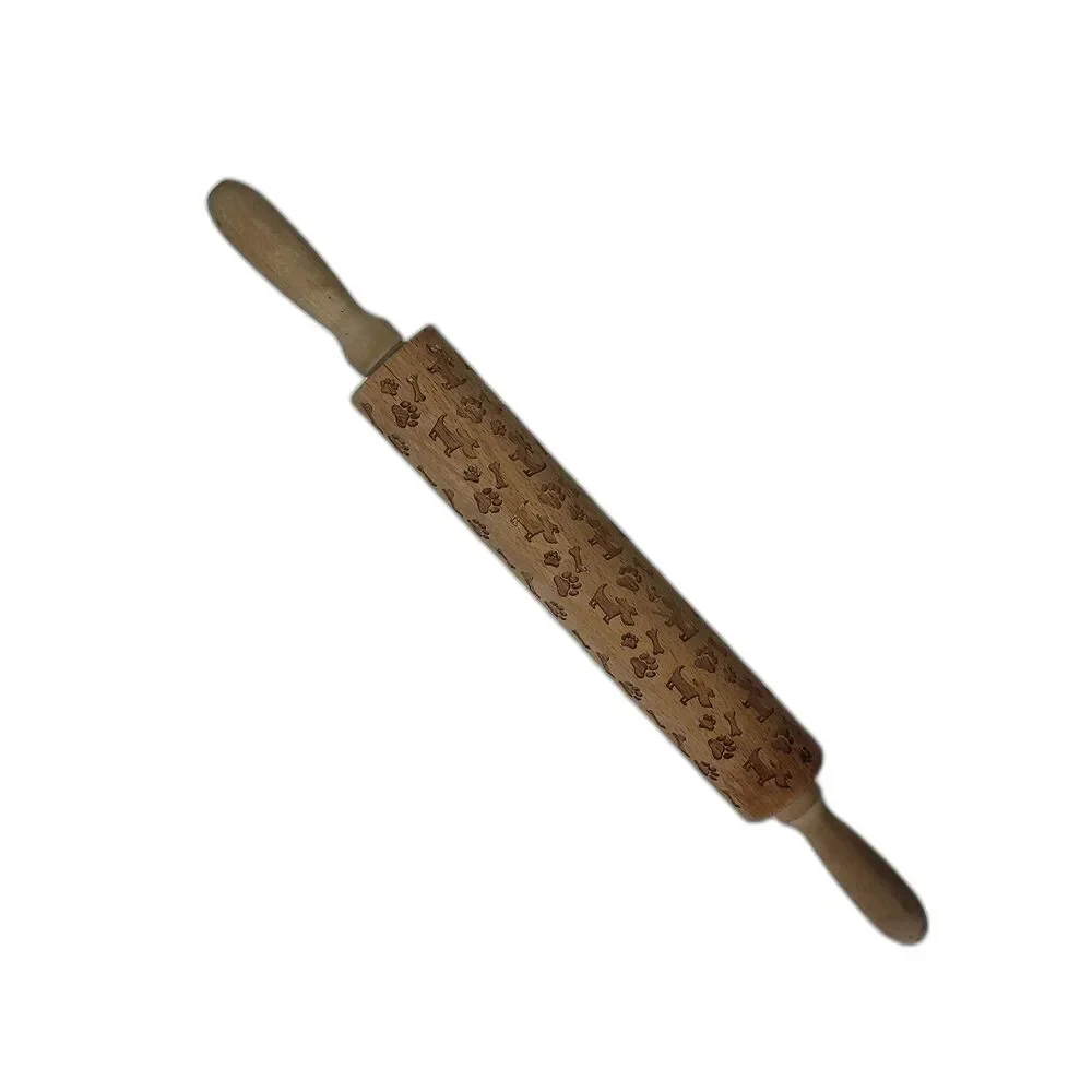 Wooden Rolling Pin Embossed with Dogs and Animal Paw Prints